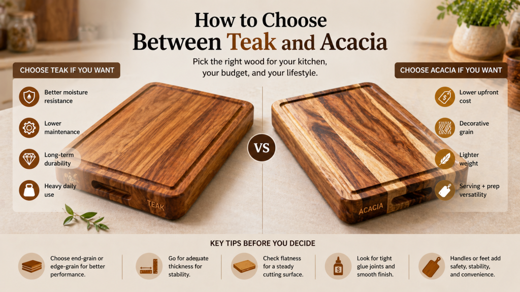 How to choose between teak and acacia cutting boards based on durability, price, maintenance, and style