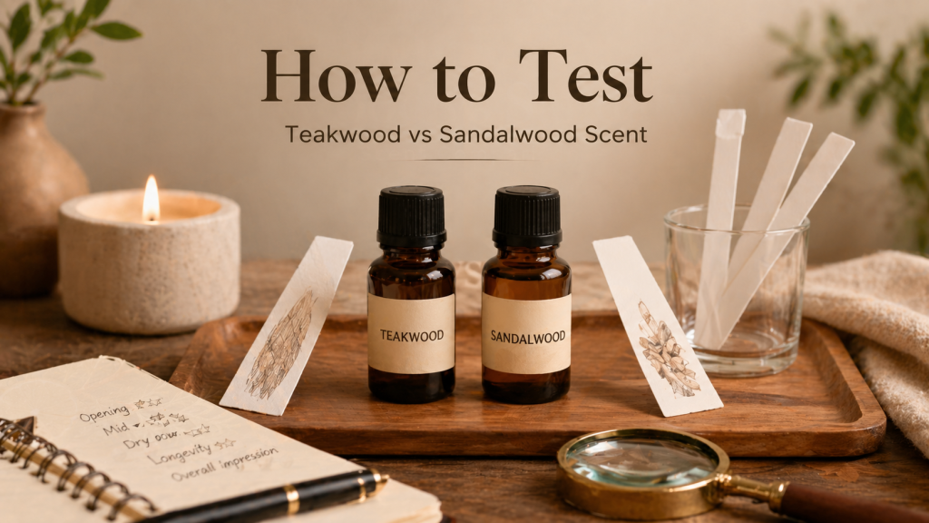 How to test teakwood vs sandalwood scent using fragrance oils, scent strips, and side-by-side comparison