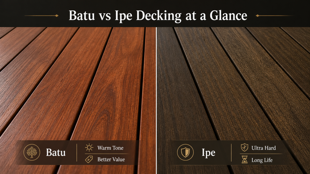 Batu vs Ipe decking comparison showing Batu warm red-brown boards and Ipe dark hardwood boards
