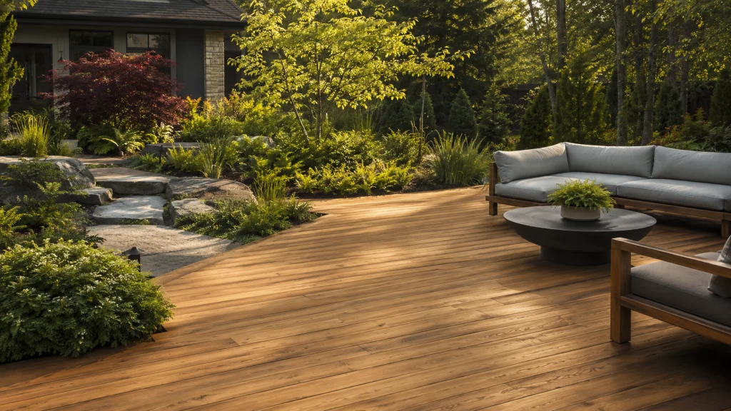 Black locust decking in a natural residential garden landscape