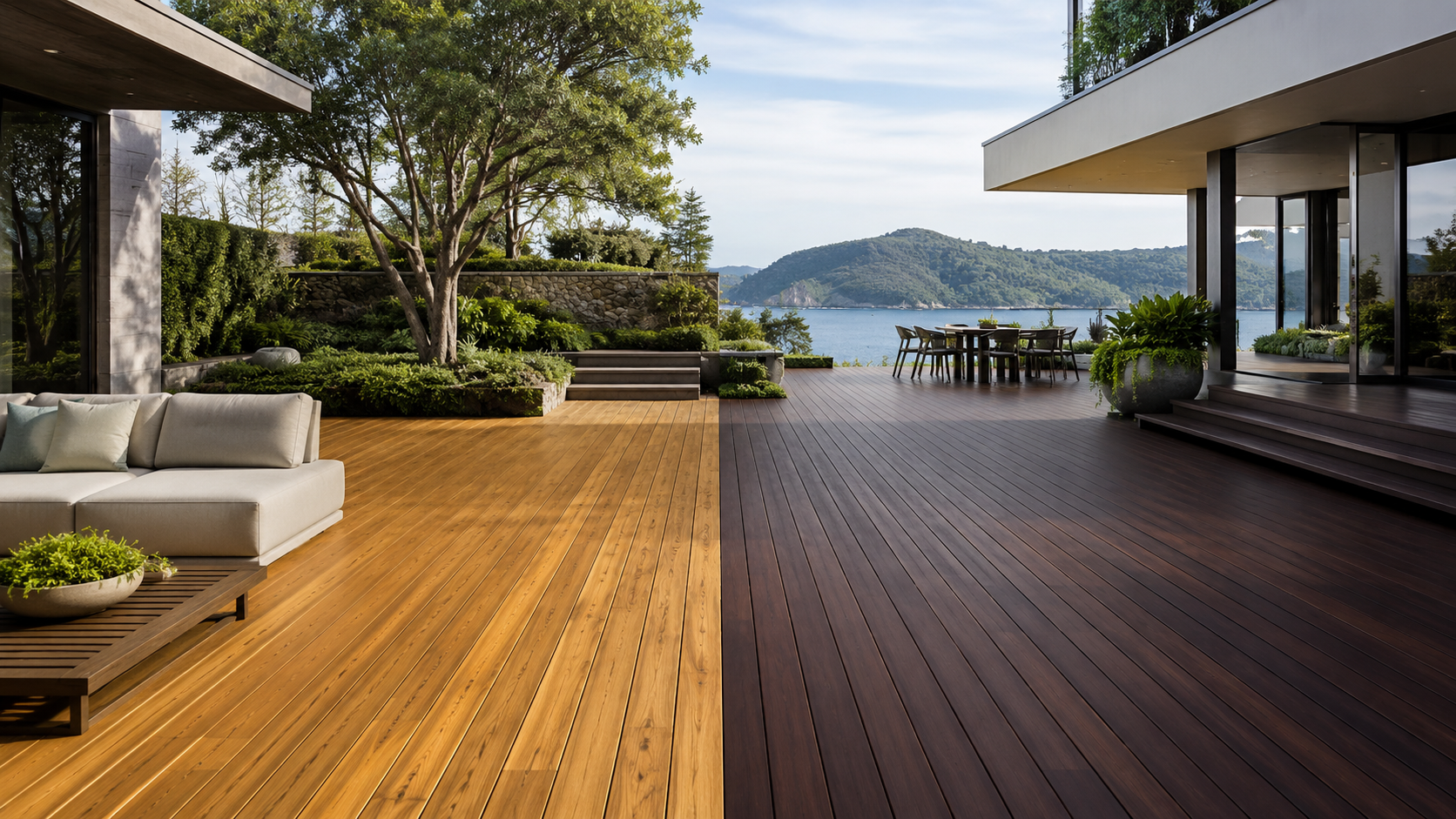 Black locust vs Ipe decking comparison on a modern luxury outdoor terrace