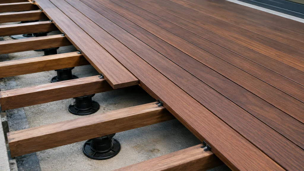 Proper hardwood decking installation with ventilated subframe and hidden fasteners