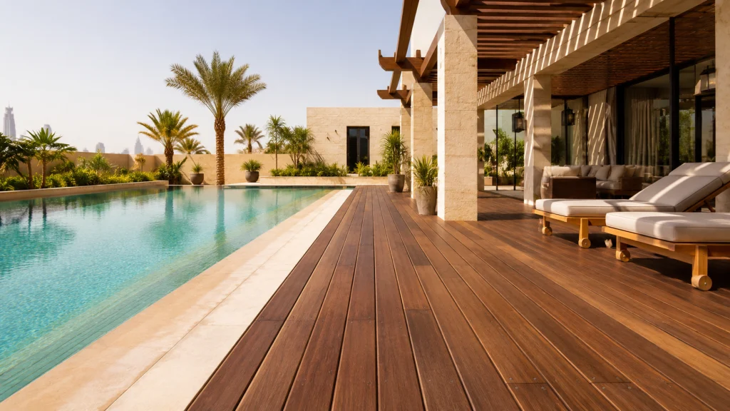 Premium hardwood decking around a modern villa pool in a hot Middle Eastern climate