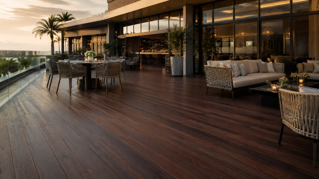 Dark Ipe hardwood decking on a high-traffic luxury hotel terrace
